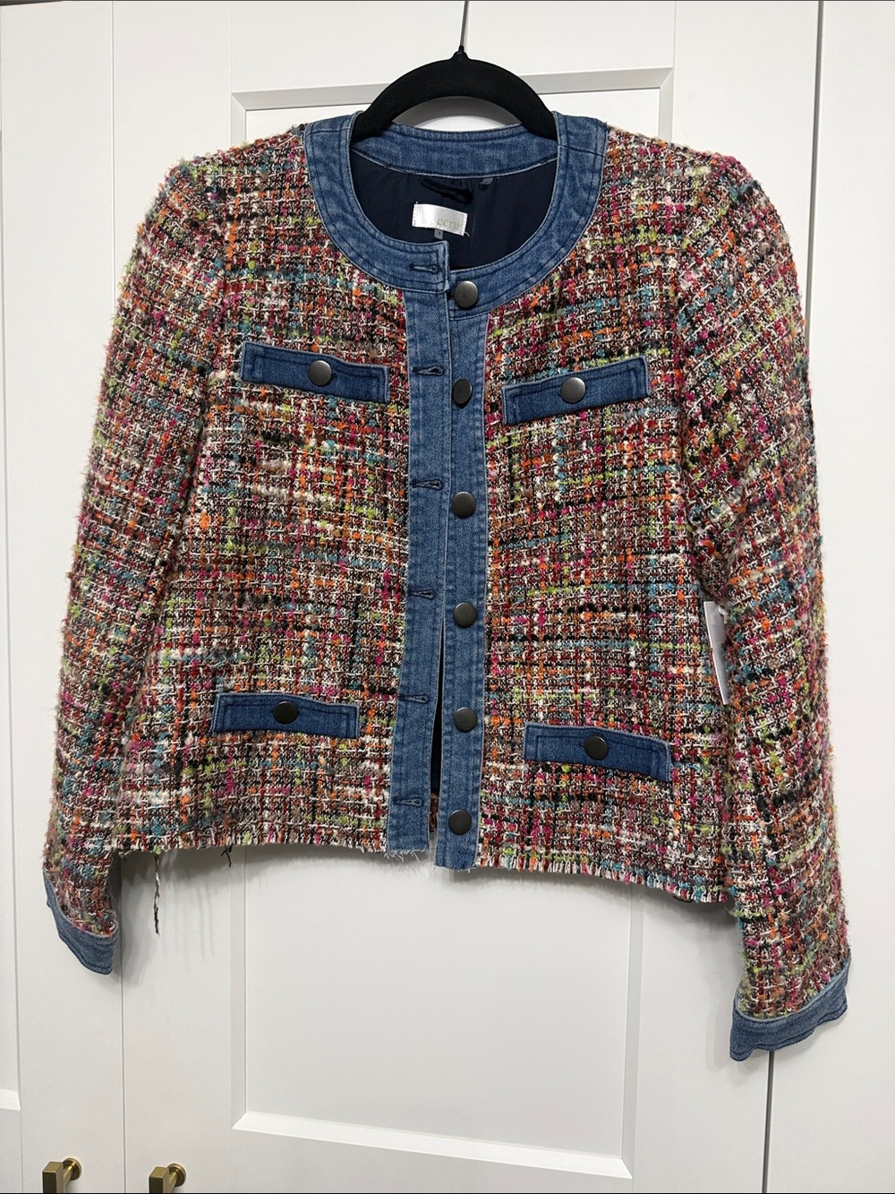ecru Multicolor Tweed Blazer Jacket with Denim Trim